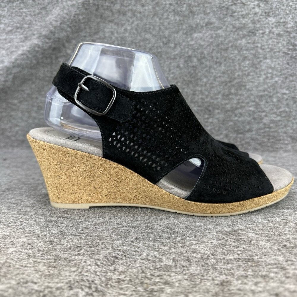 ✅Womens 8 Earth Woodland Radiant Sandal Black Perforated Leather Slingback Wedge - Picture 7 of 10
